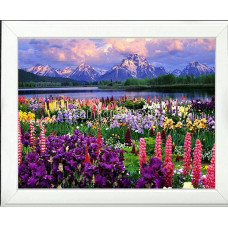 Картина круглыми камнями Пейзаж Горы цветы 30*40