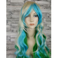 Парик разноцветный волнистый 70см с косой челкой блонд зеленый голубой