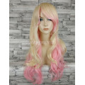 Парик блонд волнистый 70см двухцветный блонд с розовым с косой челкой